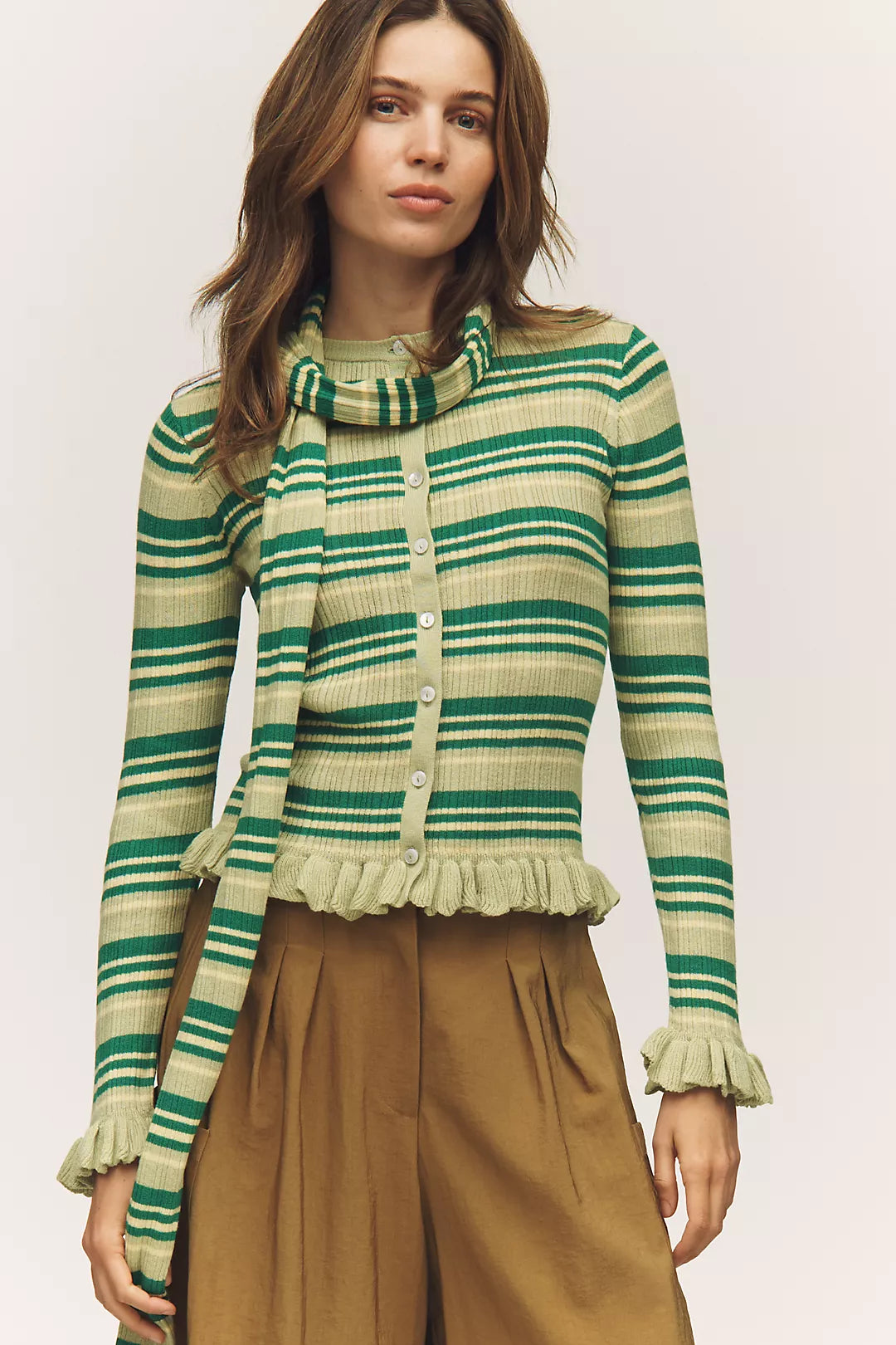 Damson Madder Anelis Cotton Merino Blend Cardigan Green Stripe