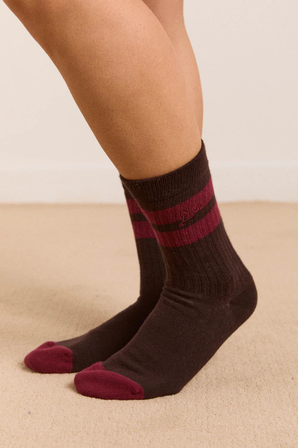 Damson Madder Sporty Calf Length Socks Choc Burg Stripe