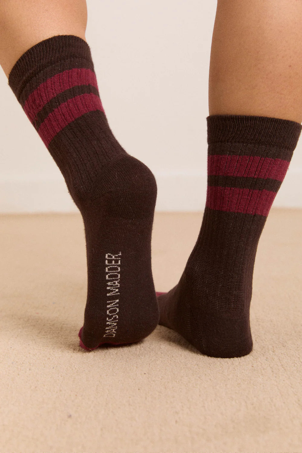 Damson Madder Sporty Calf Length Socks Choc Burg Stripe