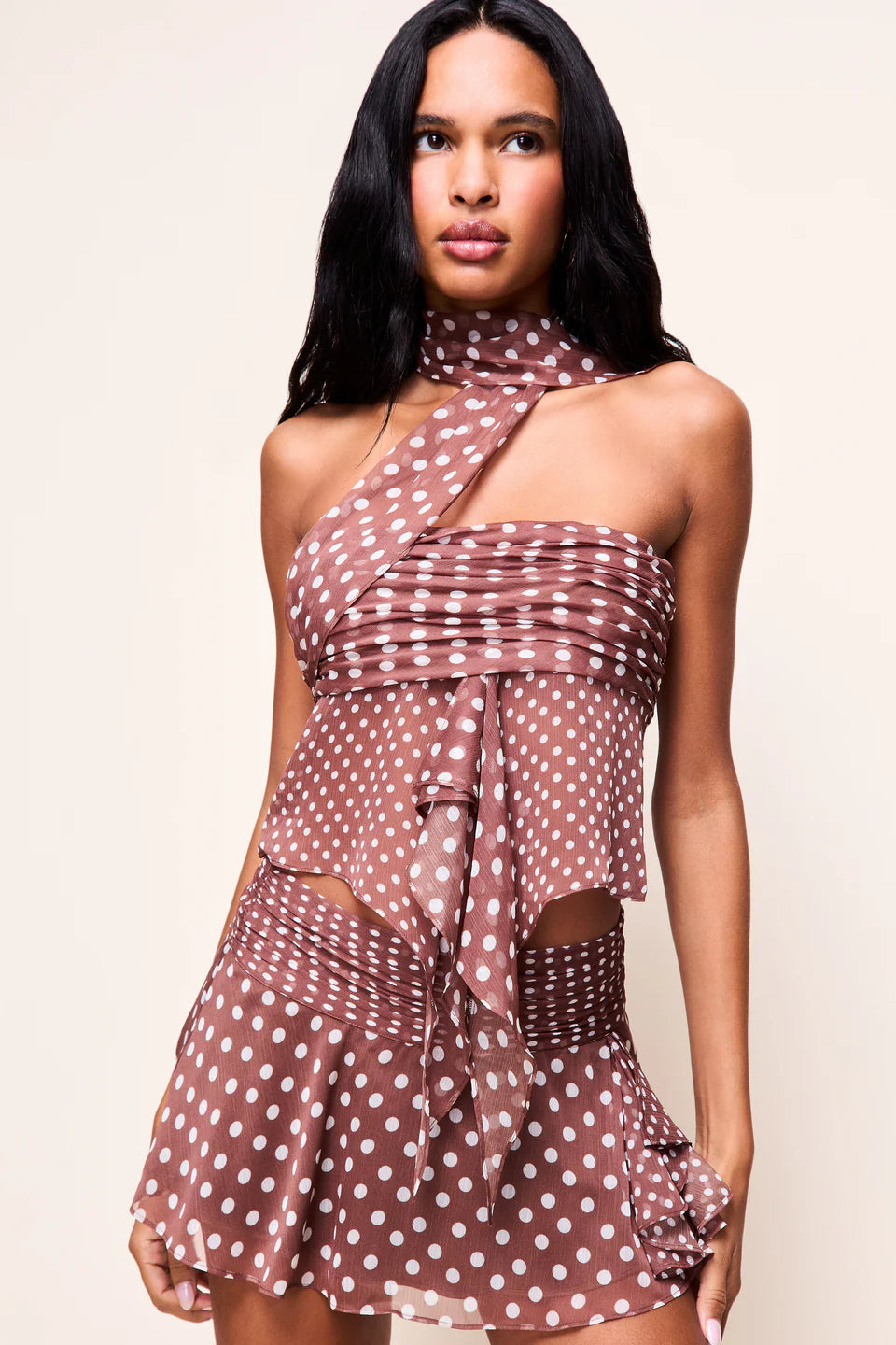 Guzio Chiffon Wrap Top Espresso Polka Dot