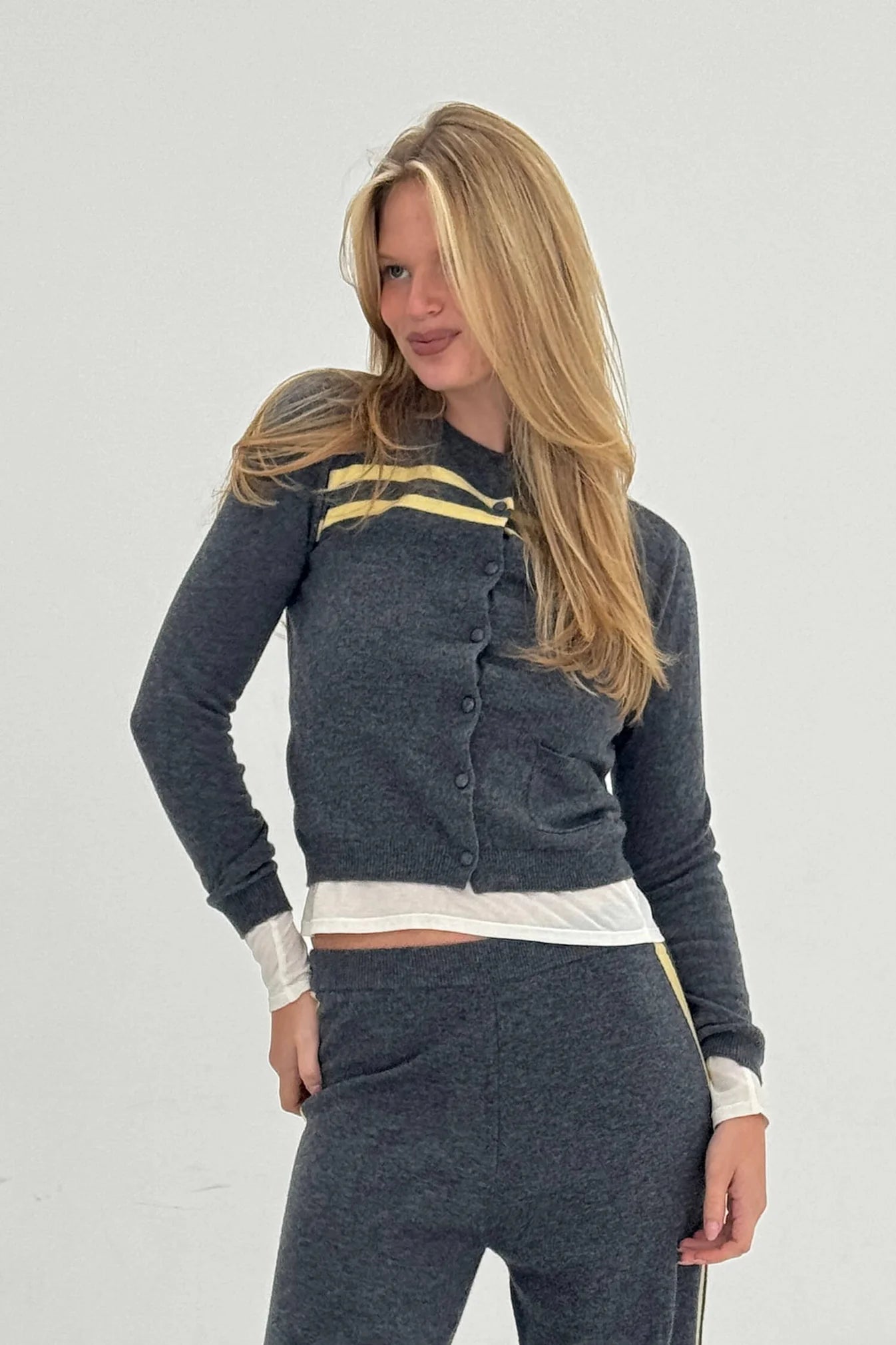 Find Me Now Cashmere Wool Stripe Cardigan CHARCOAL/BUTTER