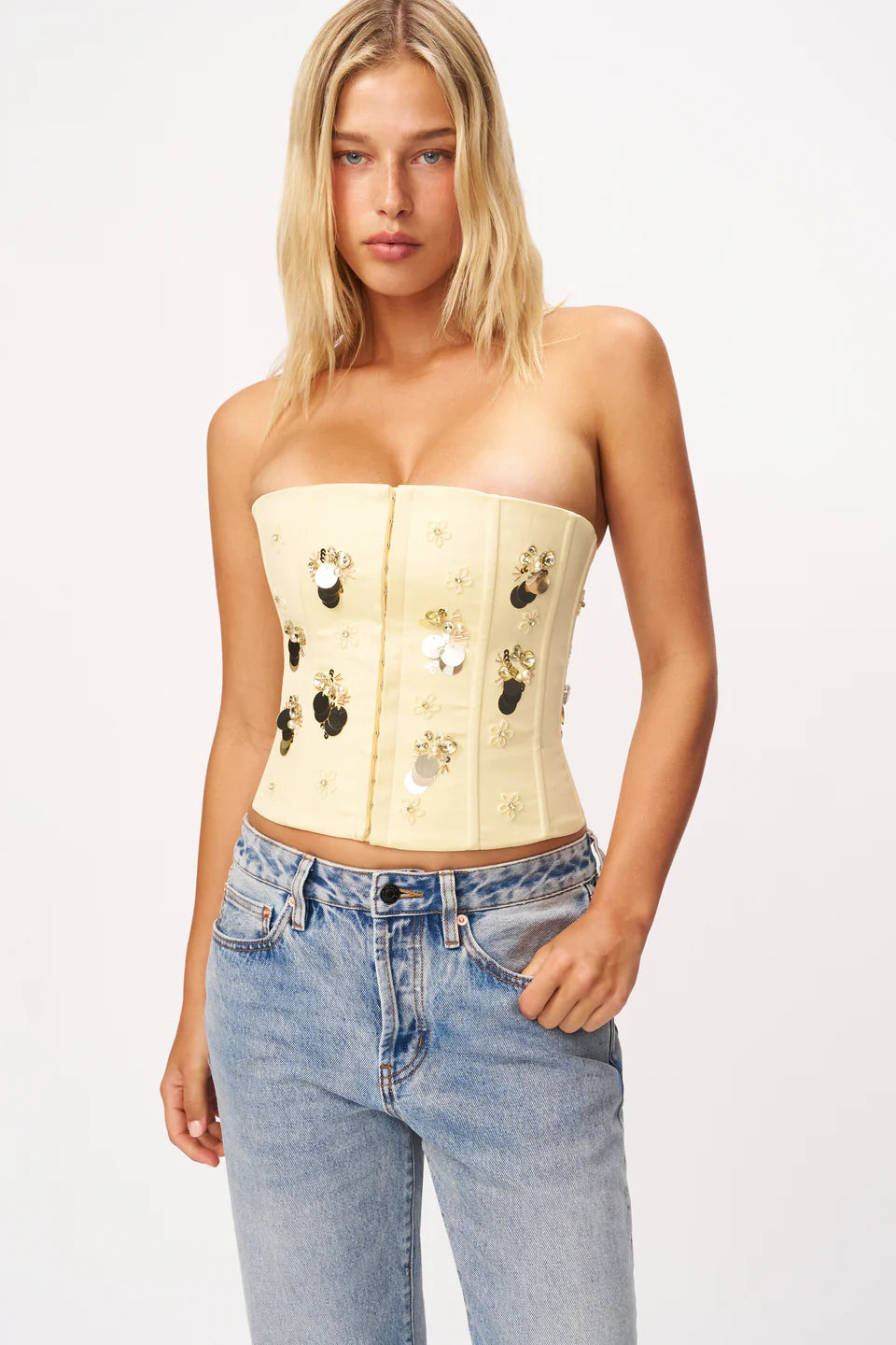 Guzio Embellished Satin Corset Ivory
