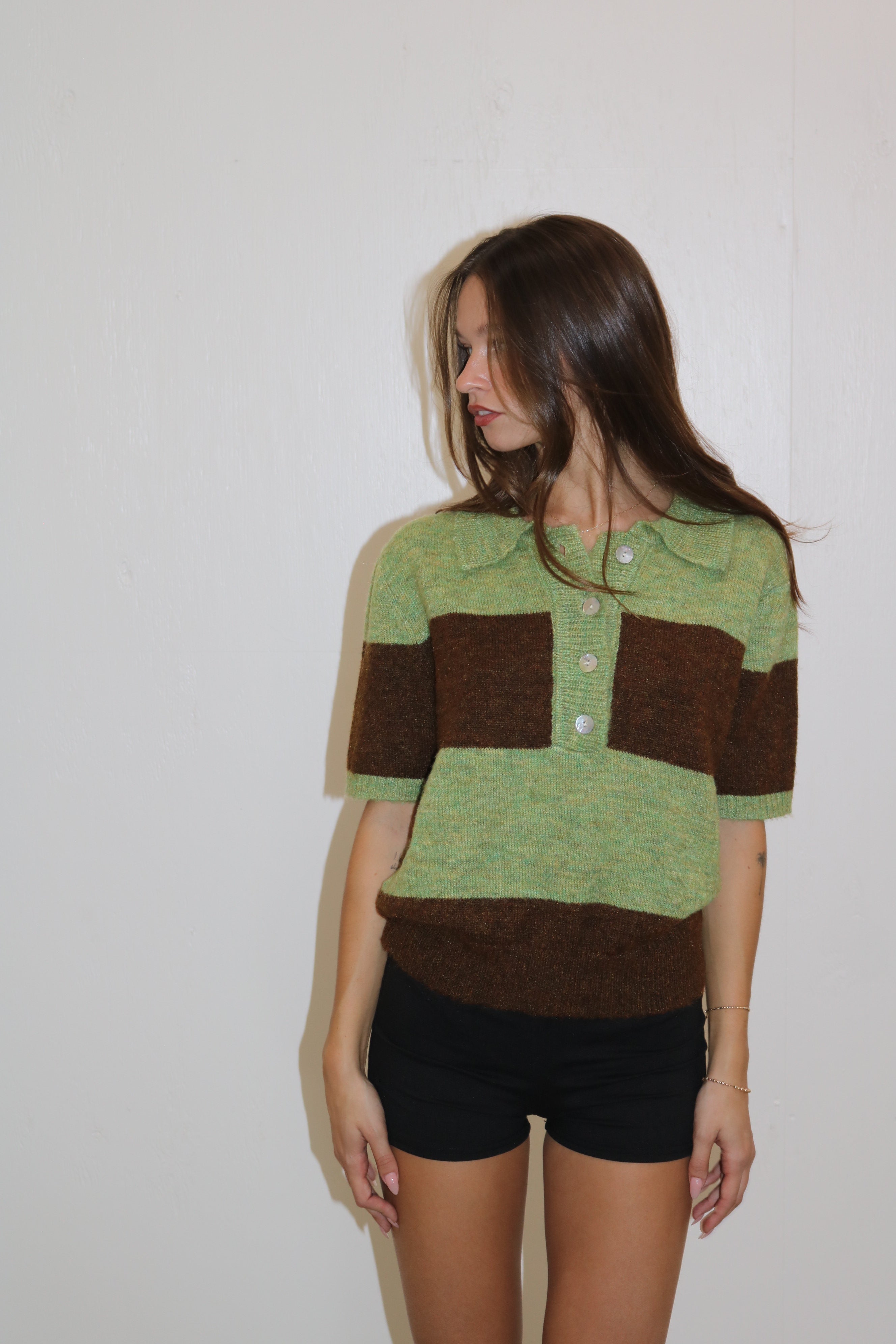 Lisa Says Gah Molly Polo Sweater Mocha Pistachio Stripe