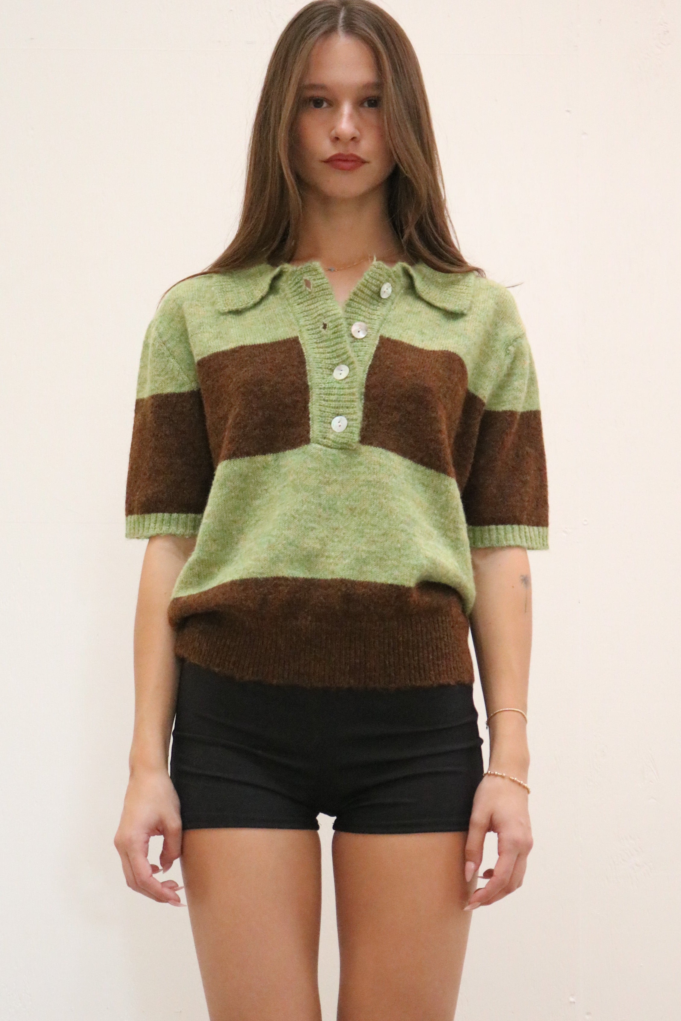 Lisa Says Gah Molly Polo Sweater Mocha Pistachio Stripe