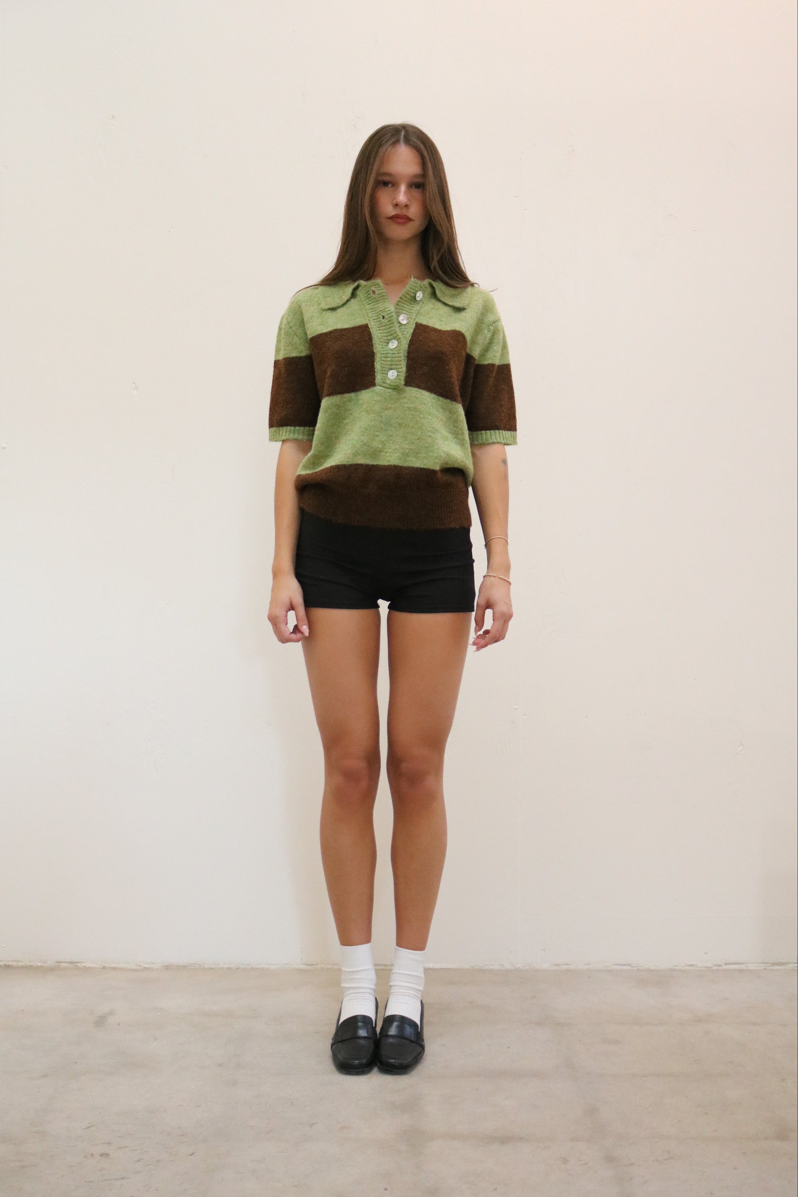 Lisa Says Gah Molly Polo Sweater Mocha Pistachio Stripe